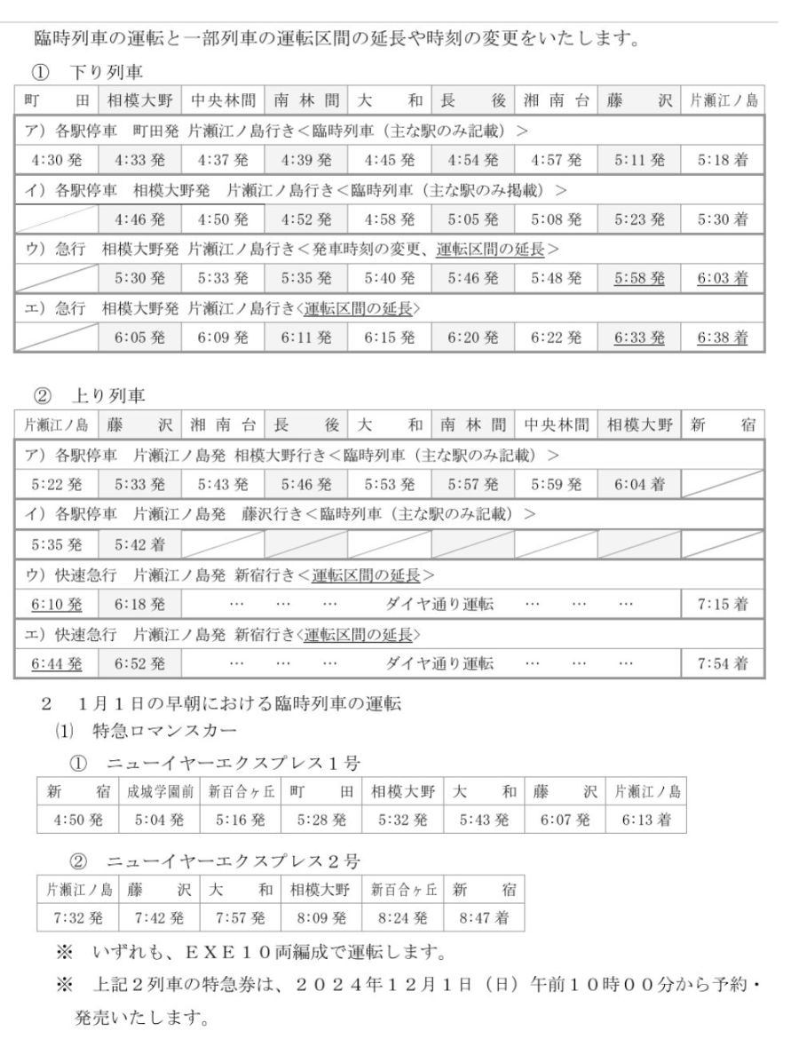 小田急年末年始時刻表